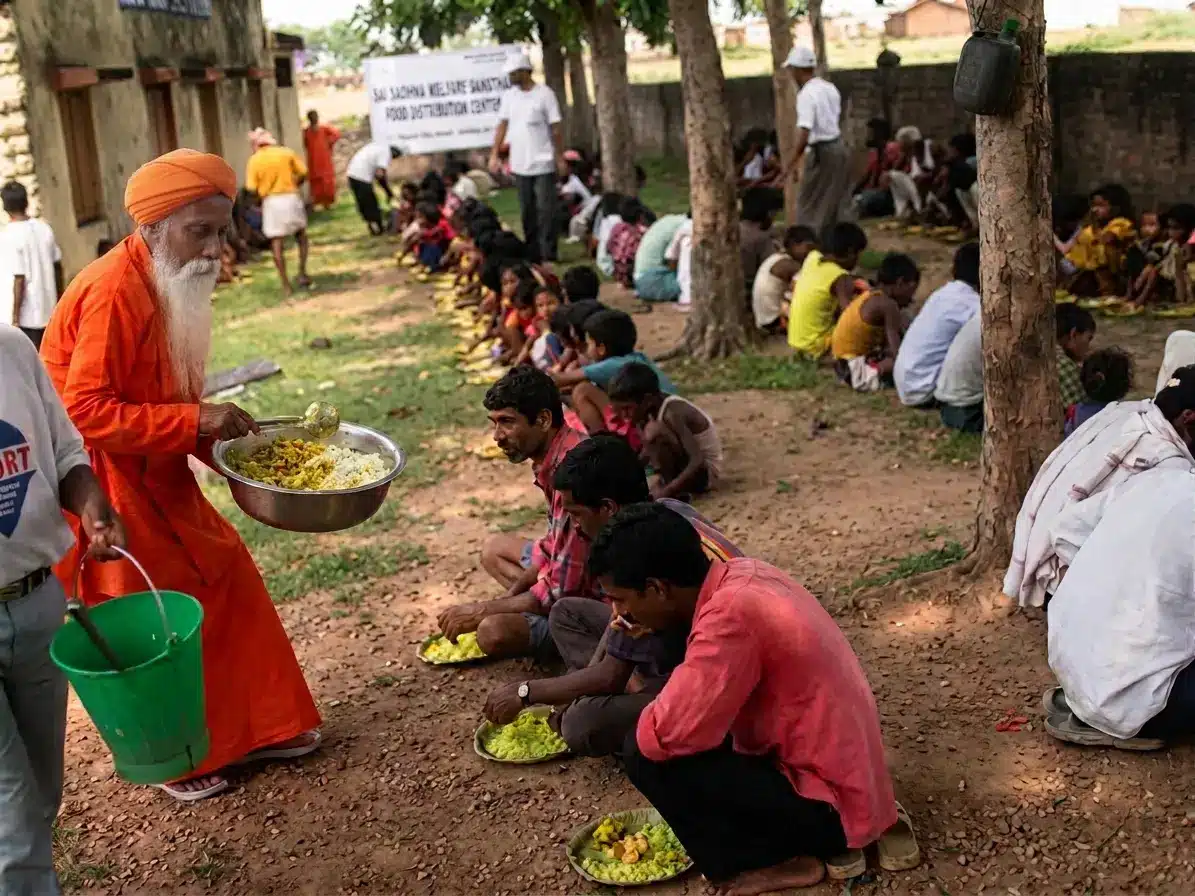 Food distribution and community service at Ánanda Nagar